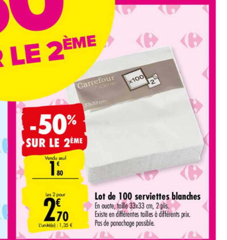 Lot De 100 Serviettes Blanches -50% Sur Le 2ème