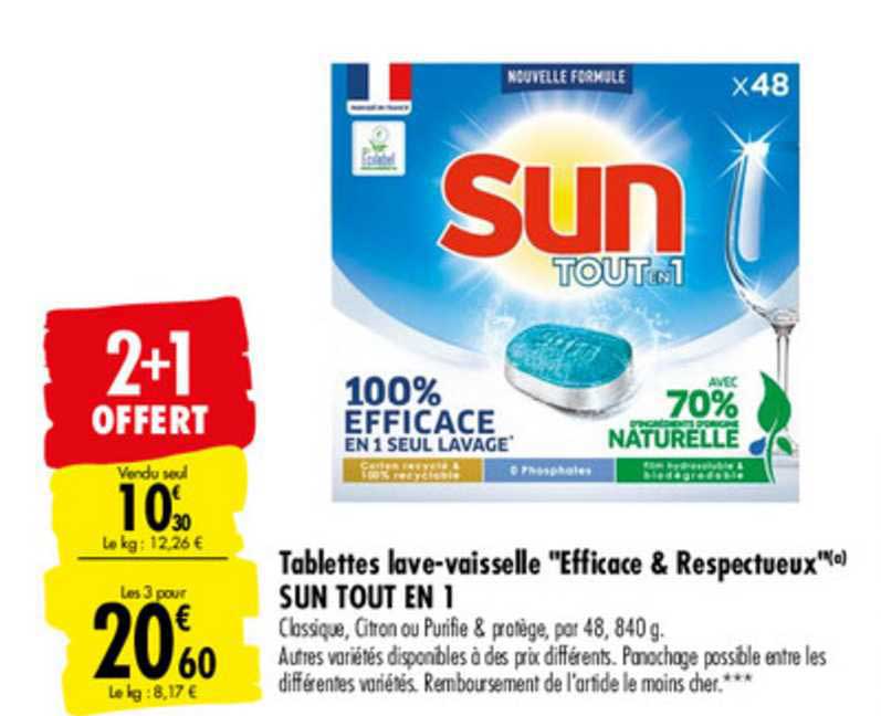 tablettes lave vaisselle efficace & respectueux sun tout en 1 2+1 offert