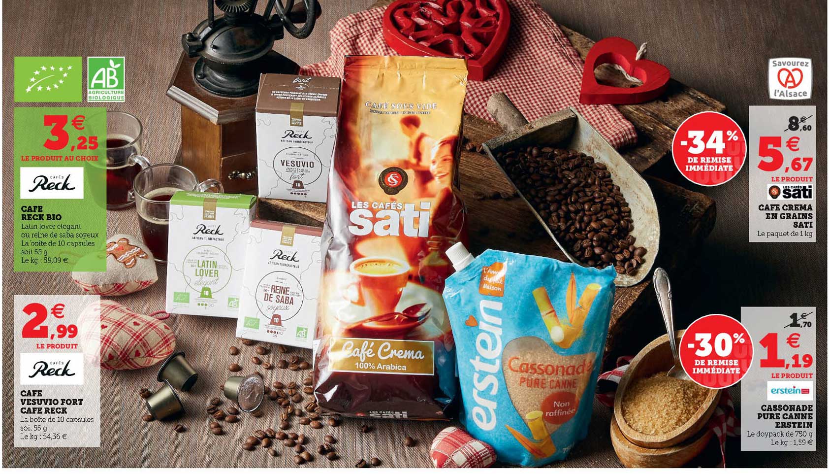 café reck bio, café vesuvio fort café reck, café crema en grains sati, cassonade pure canne erstein