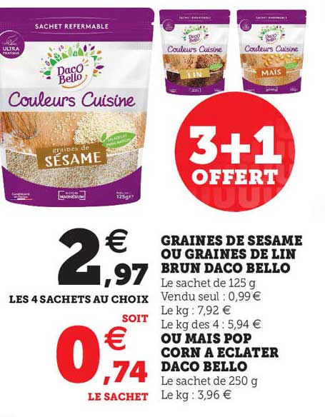 graines de sésame ou graines de lin brun daco bello ou mais pop corn à éclater daco bello