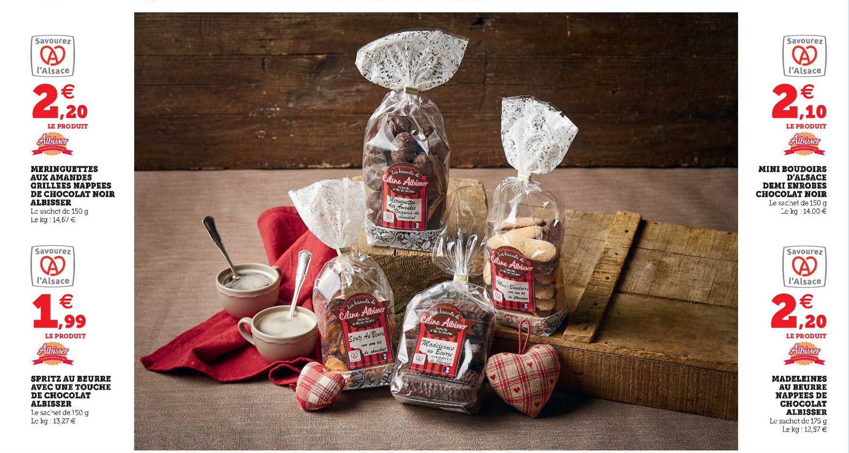 meringuettes aux amandes grillées nappées de chocolat noir albisser , spritz au beurre avec une touche de chocolat albisser , mini boudoirs d'alsace demi enrobés chocolat noir, madeleine au beurre