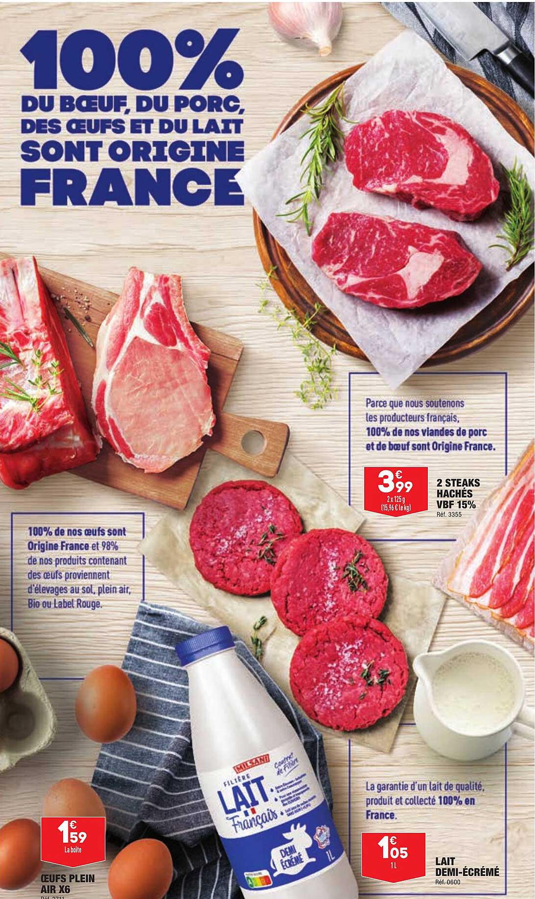 2 steaks hachés vbf 15%, oeufs plein air x6, lait demi-écrémé