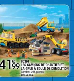 60391 les camions de chantier et la grue à boule de démolition