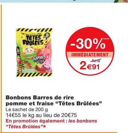 bonbons barres de rire pomme et fraise "têtes brûlées"