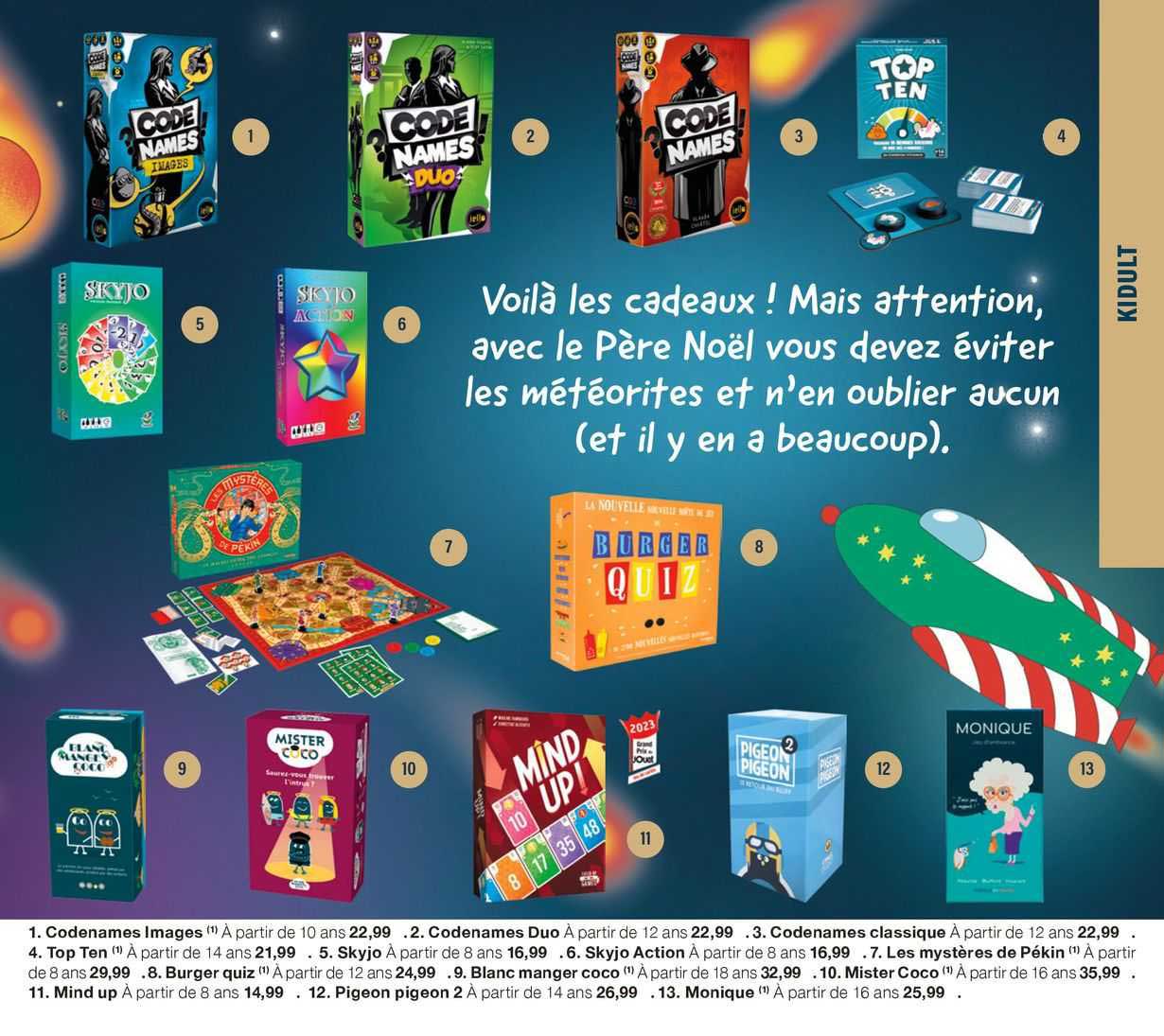 codenames images, codenames duo, codenames classique, top ten, skyjo, skyjo action, les mystères de pékin, burger quiz, blanc manger coco, mister coco, mind up, pigeon pigeon, monique