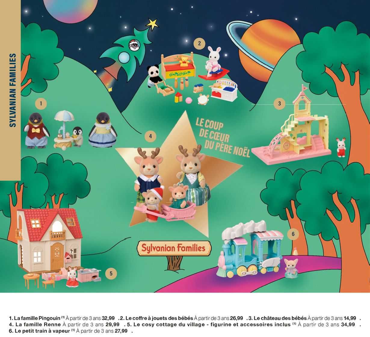 la famille pingouin, le coffre à jouets des bébés, le château des bébés, la famille renne, le cosy cottage du village et accessoires inclus, le petit train à vapeur