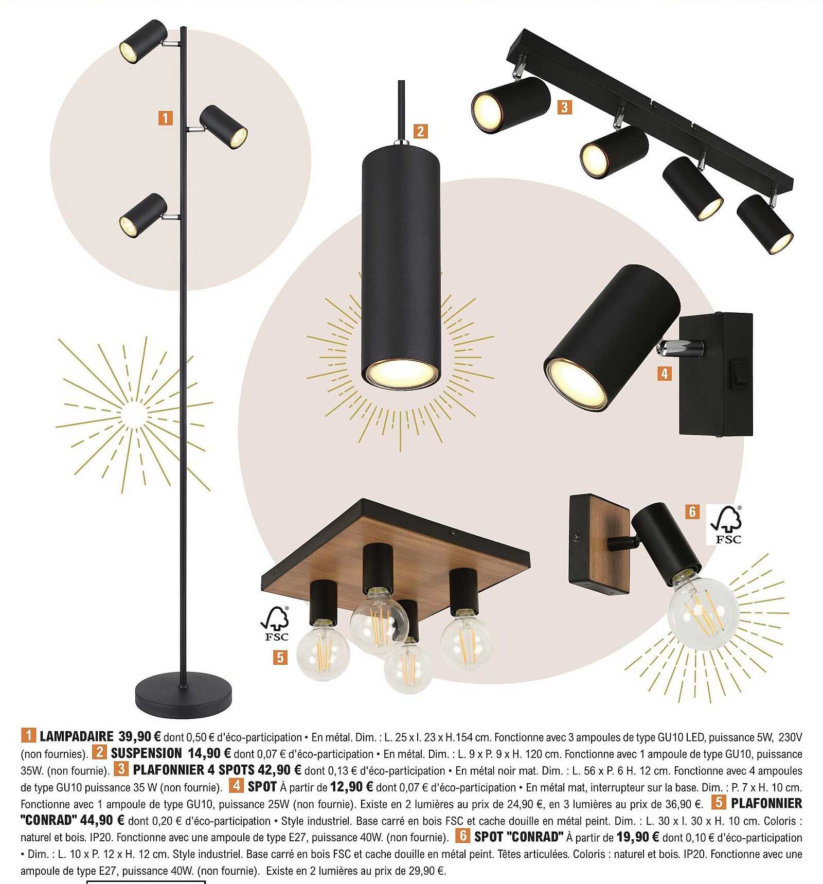 lampadaire, supension, plafonnier 4 spots, plafonnier ou spot conrad