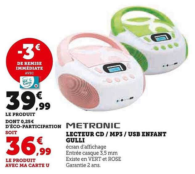lecteur cd / mp3 / usb enfant gulli metronic