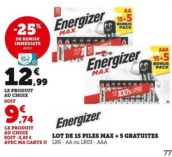 lot de 15 piles max + 5 gratuites energizer