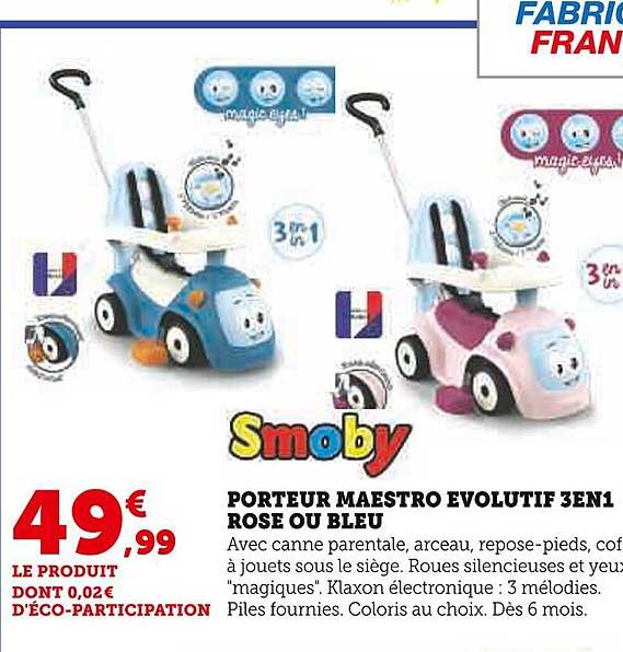 porteur maestro évolutif 3 en 1 rose ou bleu smoby