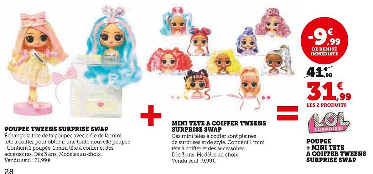 poupée + mini tête à coiffer tweens surprise swap