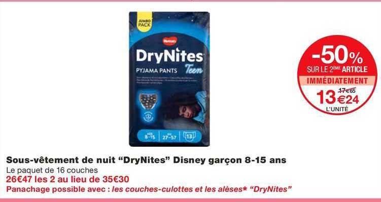 sous-vêtement de nuit "dryNites" disney garçon 8-15 ans