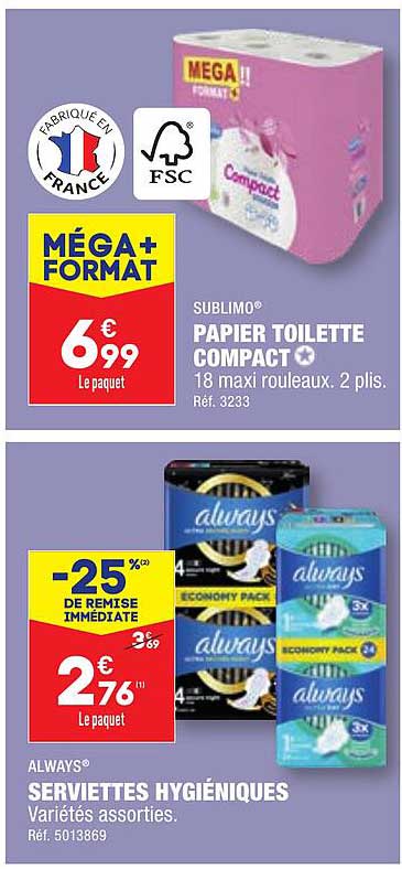 sublimo papier toilette compact ou always serviettes hygiéniques