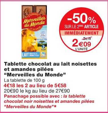 tablette chocolat au lait noisettes et amandes pilées "merveilles du monde"