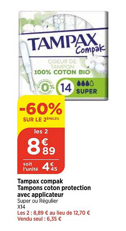 tampax compak tampons coton protection avec applicateur