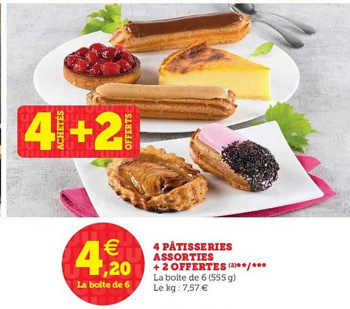 4 pâtisseries assorties + 2 offertes 4 achetés + 2 offerts
