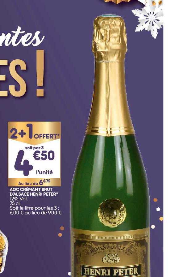 aoc crémant brut d'alsace henri peter 2+1 offert