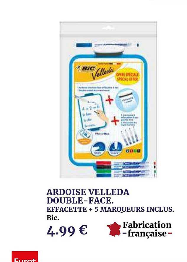 ardoise velleda double face effacette + 5 marqueurs inclus bic