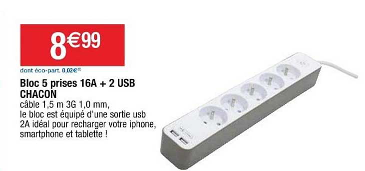 bloc 5 prises 16a + 2 usb chacon