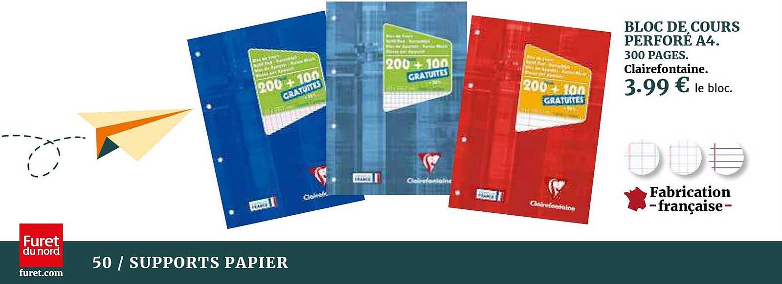 bloc de cours perforé a4. 300 pages clairefontaine