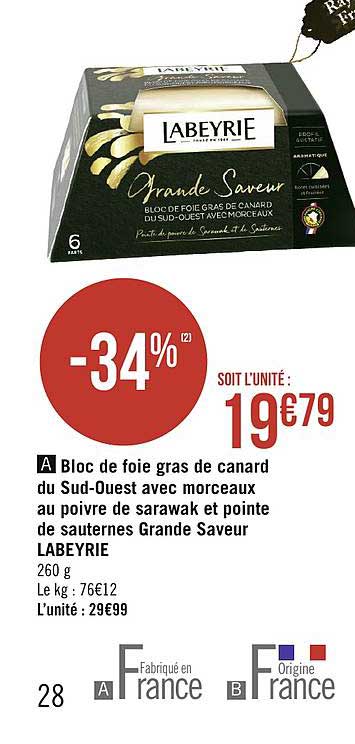 bloc de foie gras de canard du sud-ouest avec morceaux au poivre de sarawak et pointe de sauternes grandes saveur labeyrie