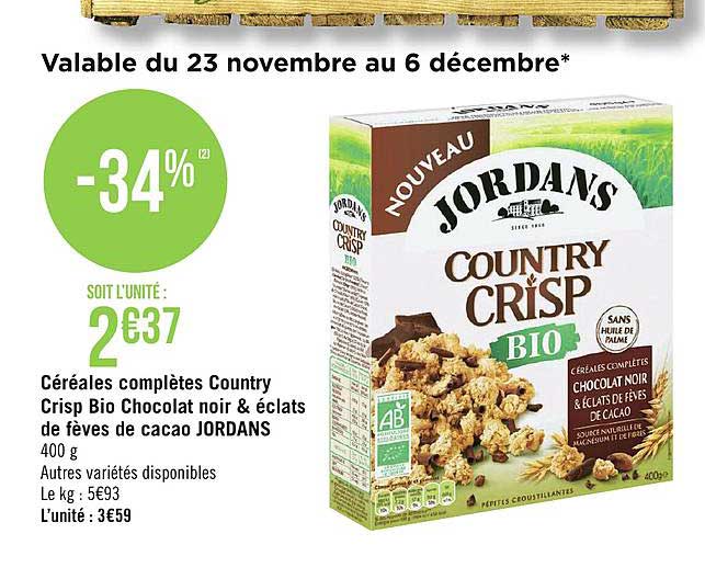 céréales complètes country crisp bio chocolat noir & éclats de fèves de cacao jordans