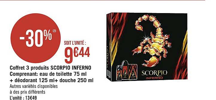 coffret 3 produits scorpio inferno comprenant eau de toilette 75 ml + déodorant 125 ml+ douche 250 ml