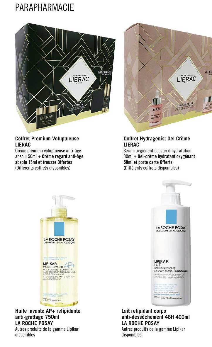 coffret premium voluptueuse lierac, coffret hydragenist gel crème lierac, huile lavante ap+ relipidante anti grattage la roche posay, lait relipidant corps la roche posay