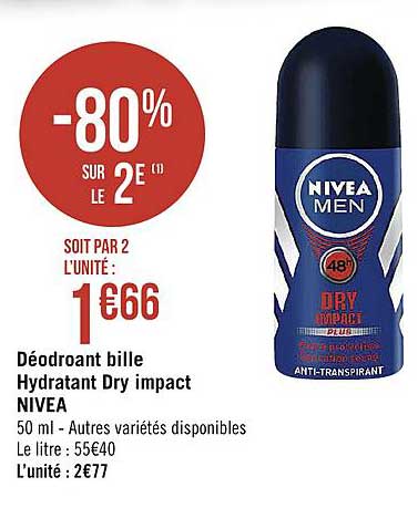déodorant bille hydratant dry impact nivea -80% sur le 2e