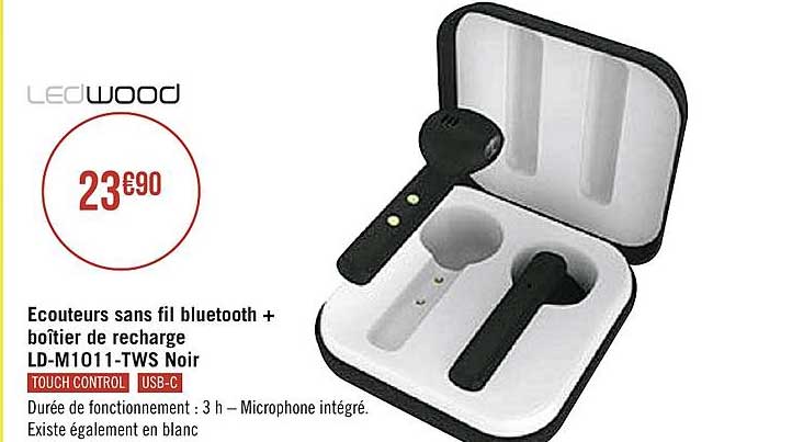 écouteurs sans fil bluetooth + boîtier de recharge ld m 1011 tws noir