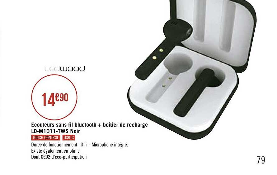 écouteurs sans fil bluetooth + boîtier de recharge ld-m1011-tws noir