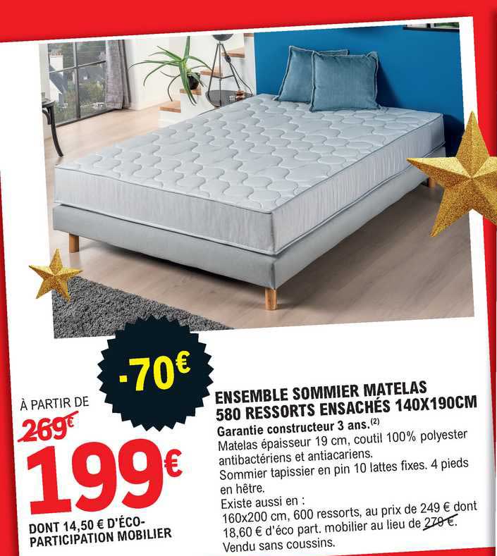 ensemble sommier matelas 580 ressorts ensachés 140x190 cm