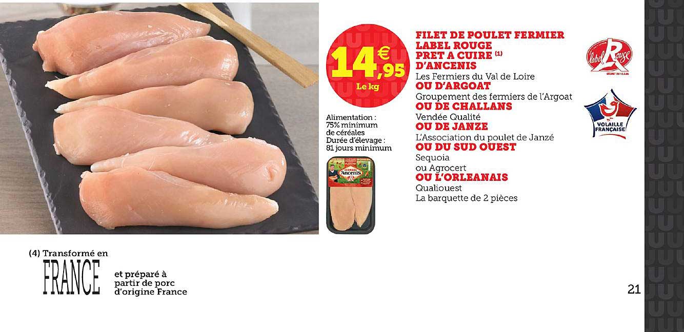 filet de poulet fermier label rouge ou d'argoat ou de challans ou de janze ou du sud ouest ou l'orléanais