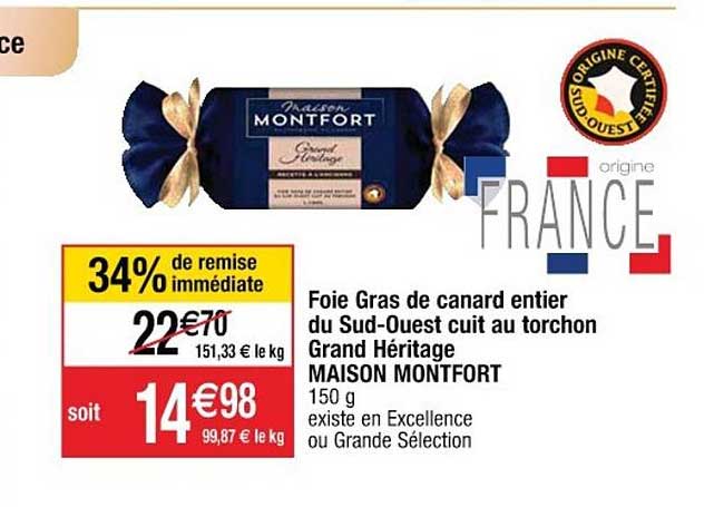 foie gras de canard entier du sud-ouest cuit au torchon grand héritage maison montfort