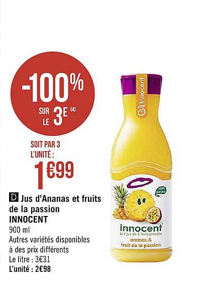 jus d'ananas et fruits de la passion innocent -100% sur le 3e