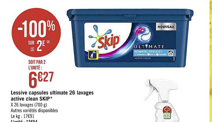 lessive capsules ultimate 26 lavages active clean skip -100% sur le 2e