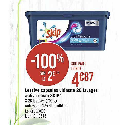 lessive capsules ultimate 26 lavages active clean skip