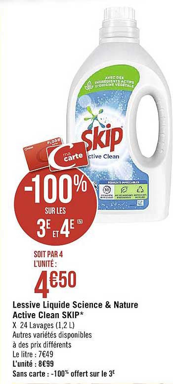 lessive liquide science & nature active clean skip -100% sur le 3e et 4e