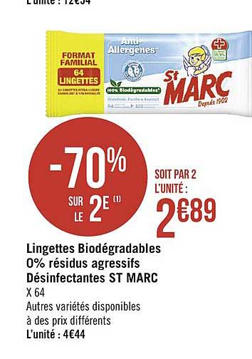 lingettes biodégradables 0% résidus agressifs désinfectantes st marc -70% sur le 2e