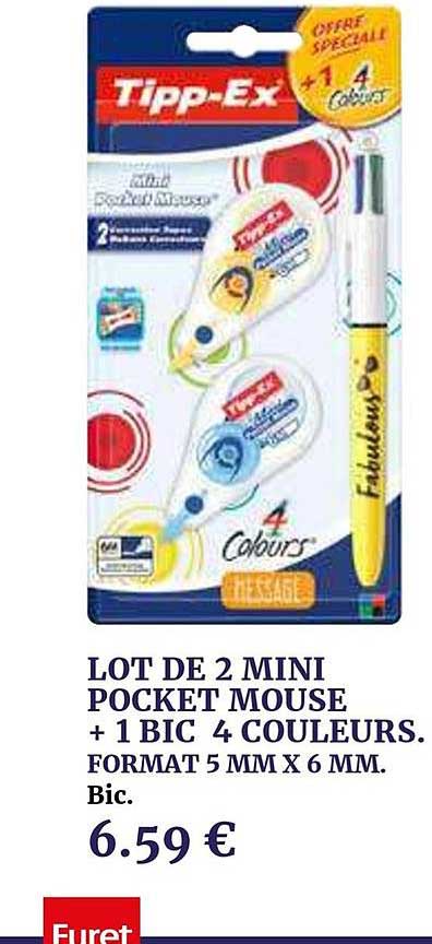 lot de 2 mini pocket mouse + 1 bic 4 couleurs format 5 mm x 6 mm bic