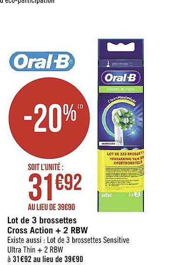 lot de 3 brossettes cross action + 2 rbw oral b
