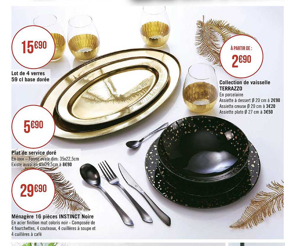 Lot De 4 Verres, Plat De Service Doré, Ménagère 16 Pièces Instinct Noir, Collection De Vaisselle Terrazzo