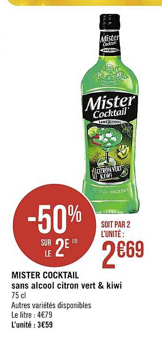 mister cocktail sans alcool citron vert & kiwi -50% sur le 2e