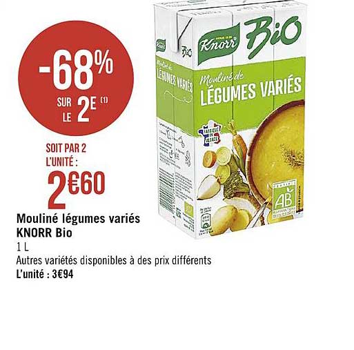 mouliné légumes variés knorr bio -60% sur le 2e