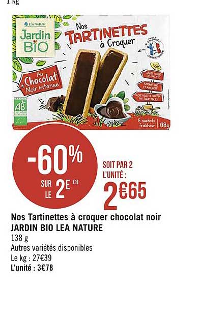 nos tartinettes à croquer chocolat noir jardin bio lea nature -60% sur le 2e