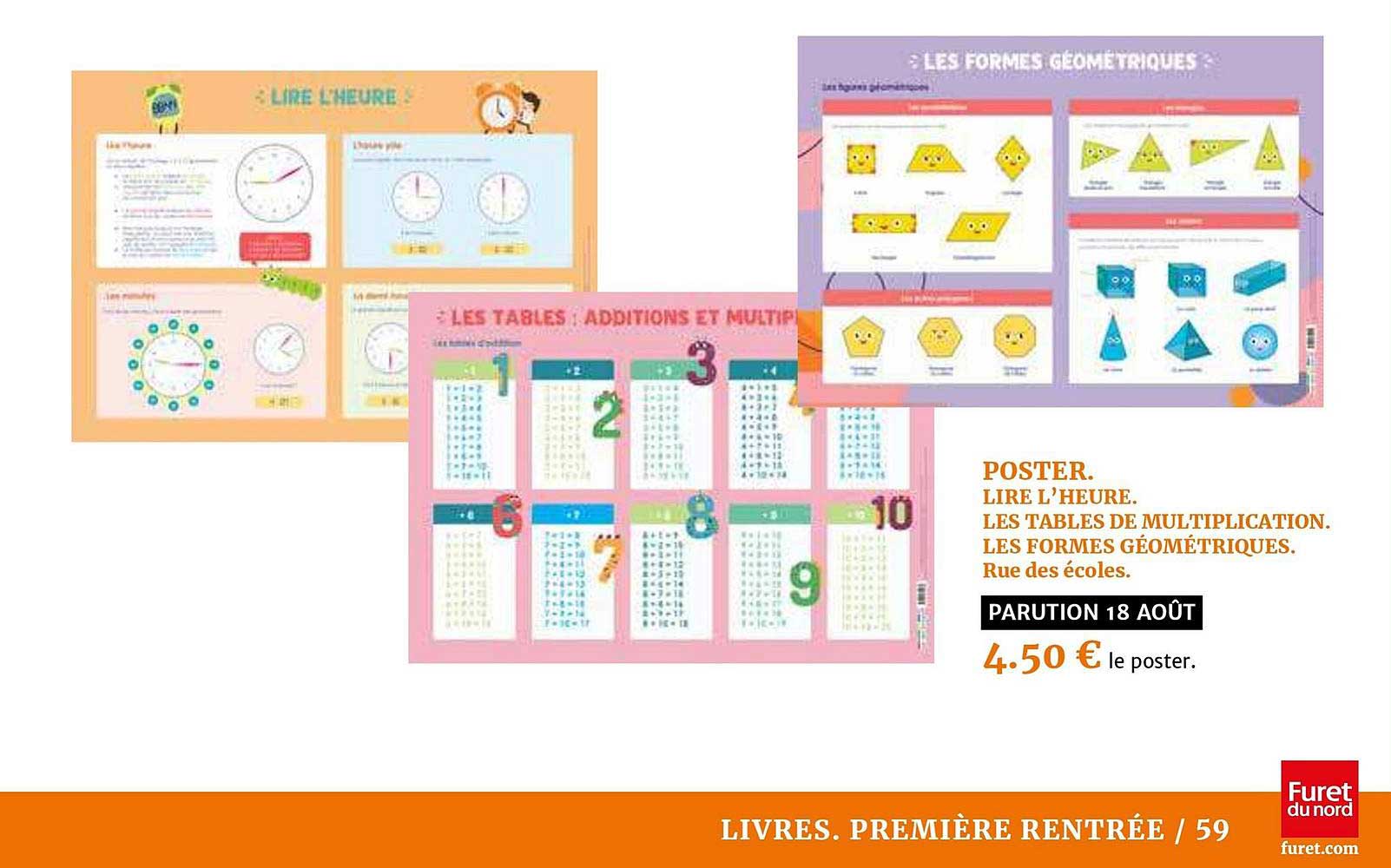 poster lire l'heure. les tables de multiplication. les formes géométriques. rue des écoles