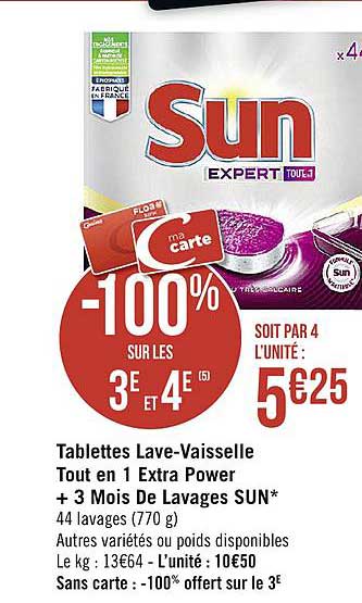 tablettes lave vaisselle tout en 1 extra power + 3 mois de lavages sun -100% sur le 3e et 4e