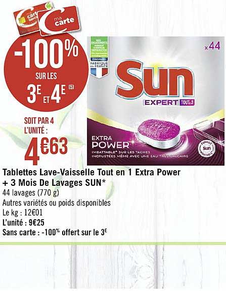 tablettes lave vaisselle tout en 1 extra power + 3 mois de lavages sun