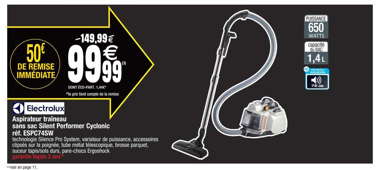 aspirateur traineau sans sac silent performer cyclonic electrolux