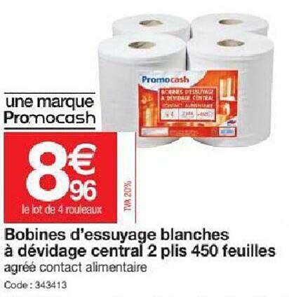bobines d'essuyage blanches à dévidage central 2 plis 450 feuilles